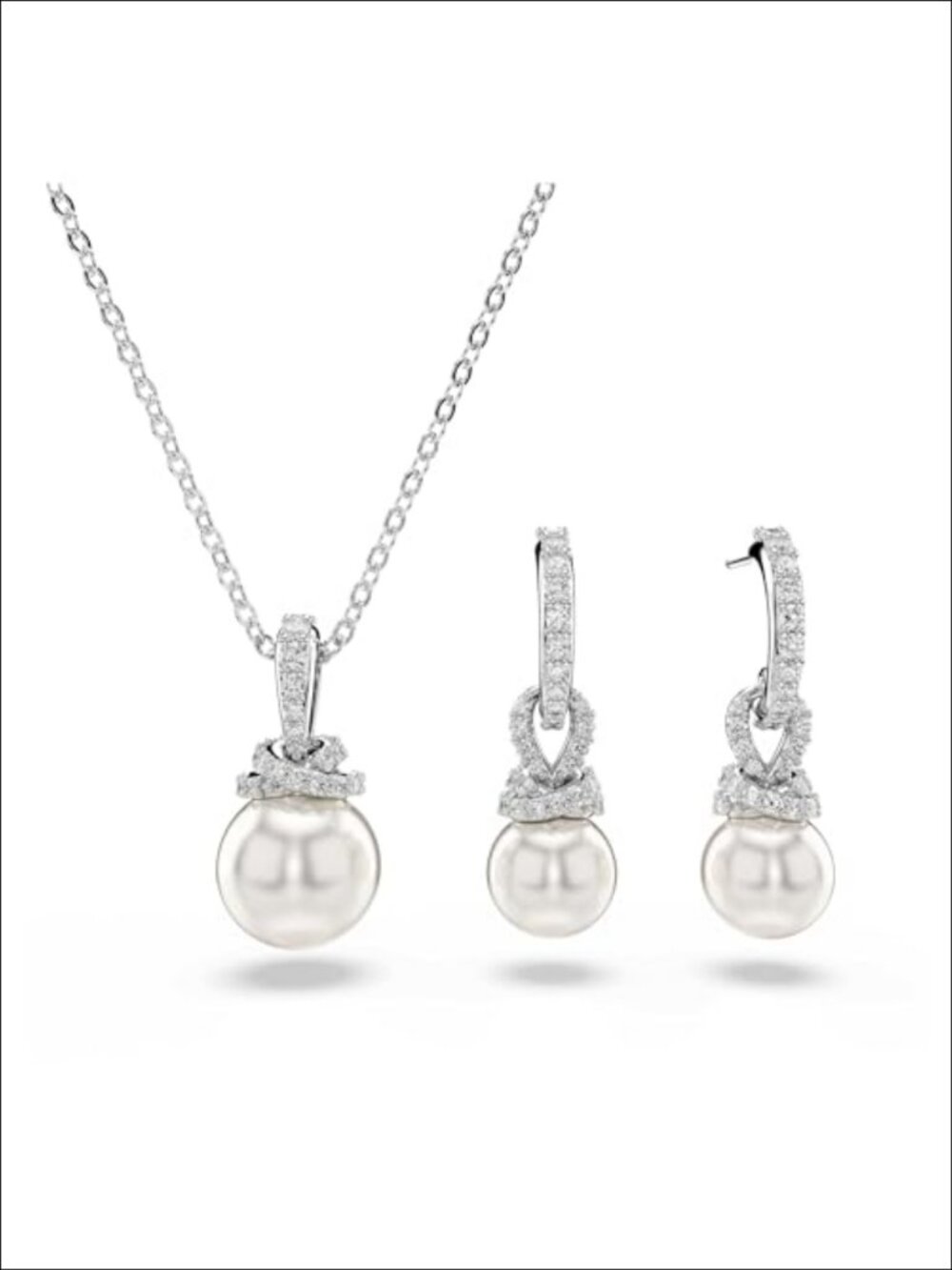 Rhodium Plated Crystal Pearl Hoop Earrings & Pendant Jewelry Set Polished